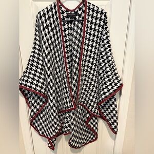Black and White Houndstooth Poncho with Red Trim